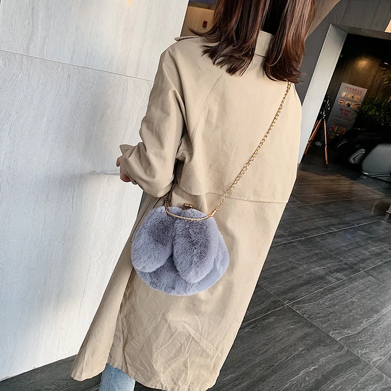 2019 new fashion plush rabbit chain ears creative personality wild single shoulder slung small round bag