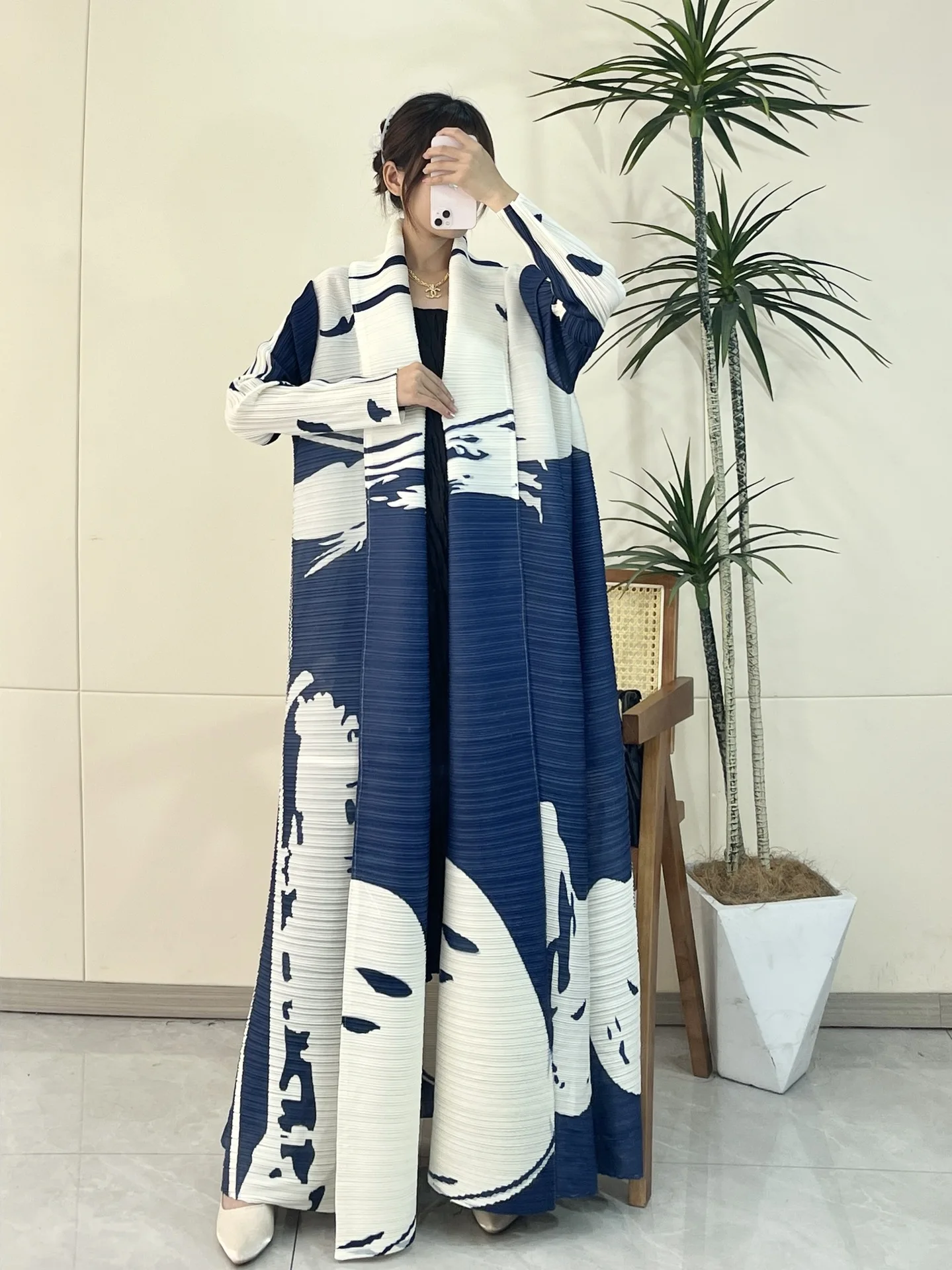 Высококачественное Плиссированное пальто Miyake из Дубая с принтом кафтан открытой спереди женское мусульманское свободное арабское скромное абайя