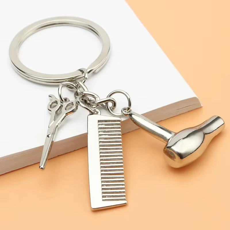 Multifunctional Metal Keychain Hairdryer Scissors Comb Model Keyring Steel Personalized Hairdresser Key Chain