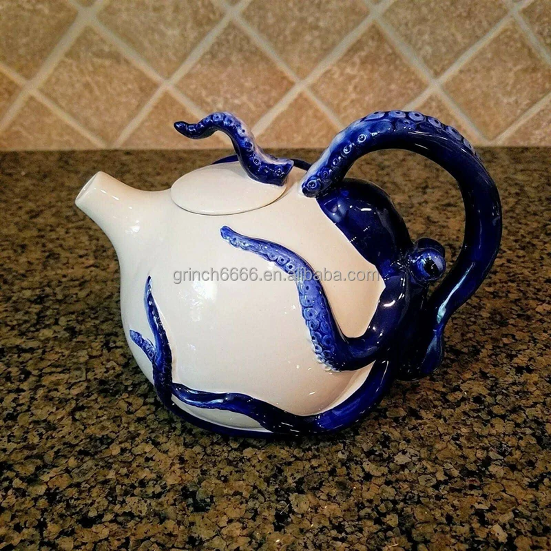Custom Home tabletop decor Handmade Ceramic Octopus Teapot Blue Octopus On Teapot Ceramic Animal Coffee tea pot