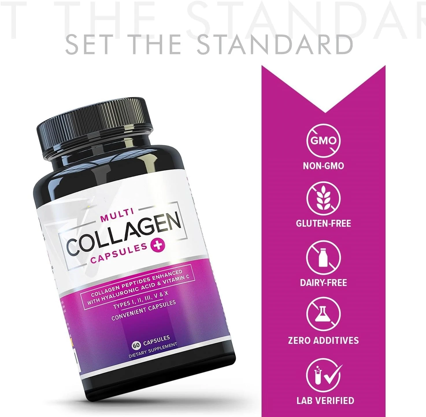Customizable Hyaluronic Acid and Vitamin C Hydrolyzed Collagen Peptides Types I II III V X Multi Collagen Capsules