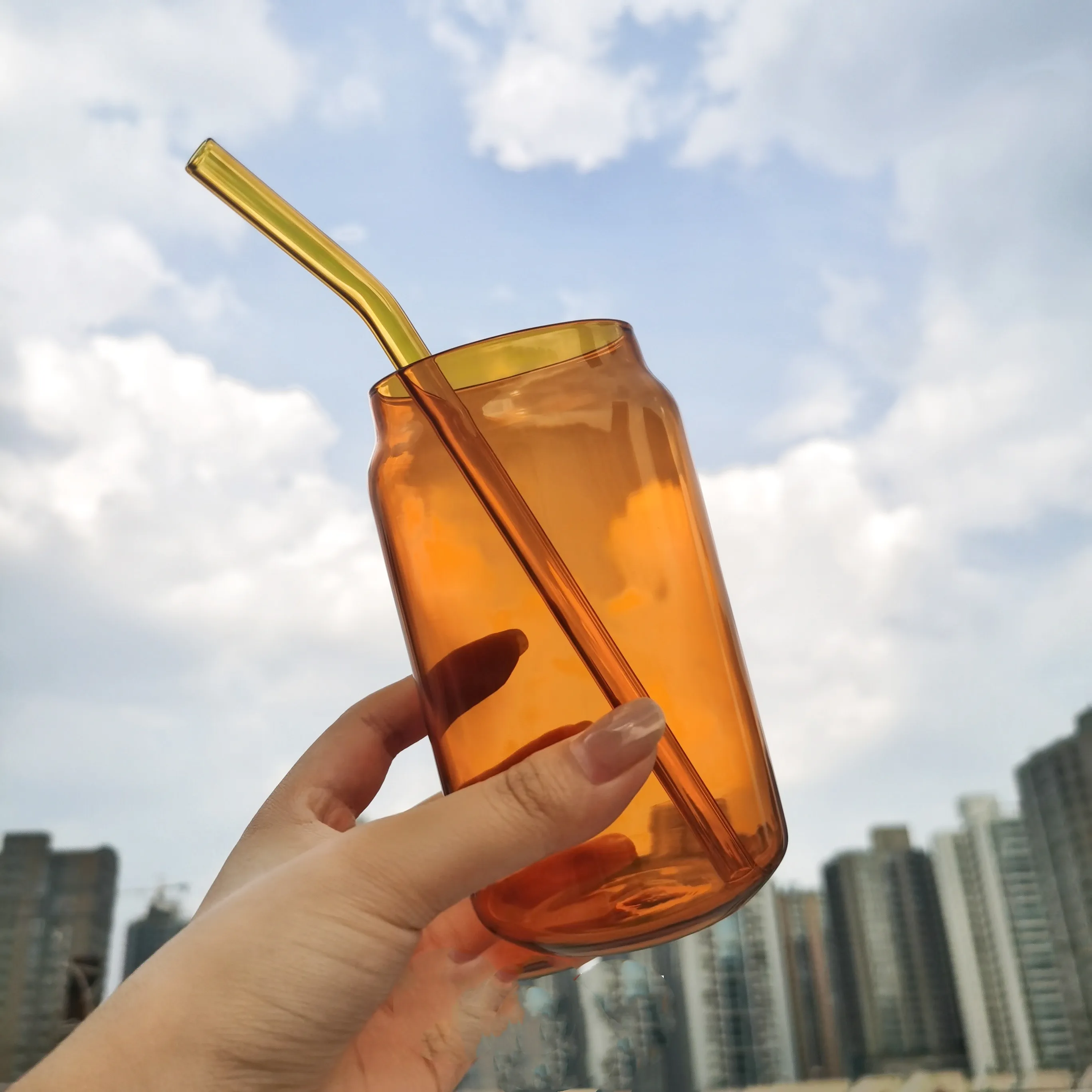 350 ml colorful beer cola Can Shaped water tumbler borosilicate glass  Drinking cup with straw