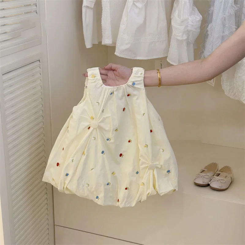 Children Summer Flower Embroidery Girls Skirt Sleeveless Elegant Princess Dress