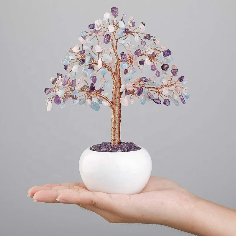 2024 MK High Quality Modern Rose Gold Seven Stones White Ceramic Round Bowl Base Small Tree Decorative Crystal Crafts