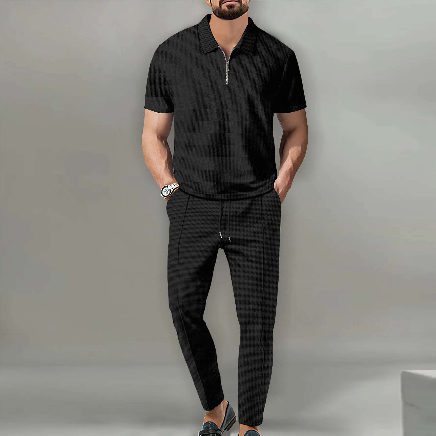 Designer Fashion Stylish Luxury 2 Piece Set for Men Waffle Polo Zipper Tshirt and Pants Two Piece Suit