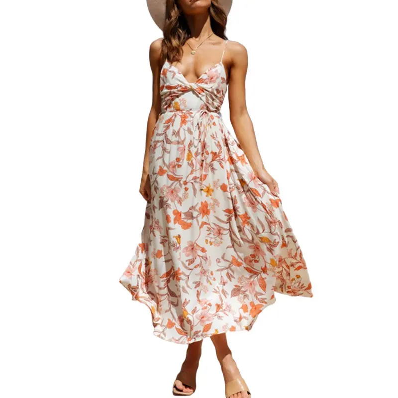 2022 New Design Digital Floral Print cold shoulder garden dress Floral Boho women elegant summer casual dresses