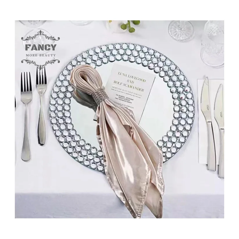 Round glass mirror plates spinning turn table tray perfume display candle holder bling sparkle charger plates