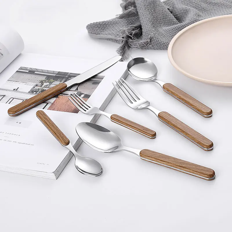 Wholesale Stainless Steel Knife Fork Spoon Set with Wooden Handle Home Kitchen Restaurant Food Grade Stainless Steel Cutlery