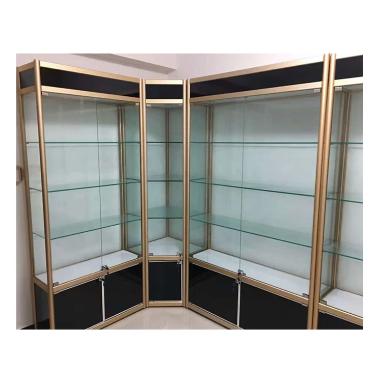 Aluminum frame silver pink color glass and MDF corner showcase design with storage cabinet