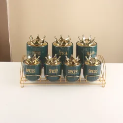 Set of 7 Color Glazed  Ceramic Kitchen Canister Sets Tea Coffee Sugar Canisters Set With Stainless Steel Rack