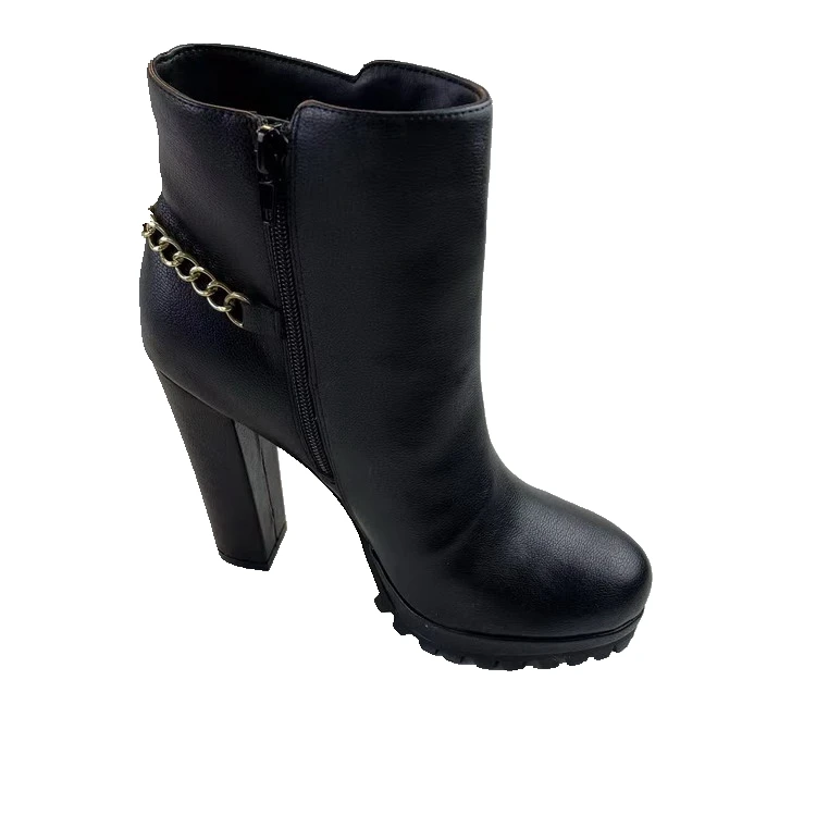 Alloy ankle chain Metal shoe chain  Autumn Winter  Black genuine Leather Ankle Boots women boots shoes