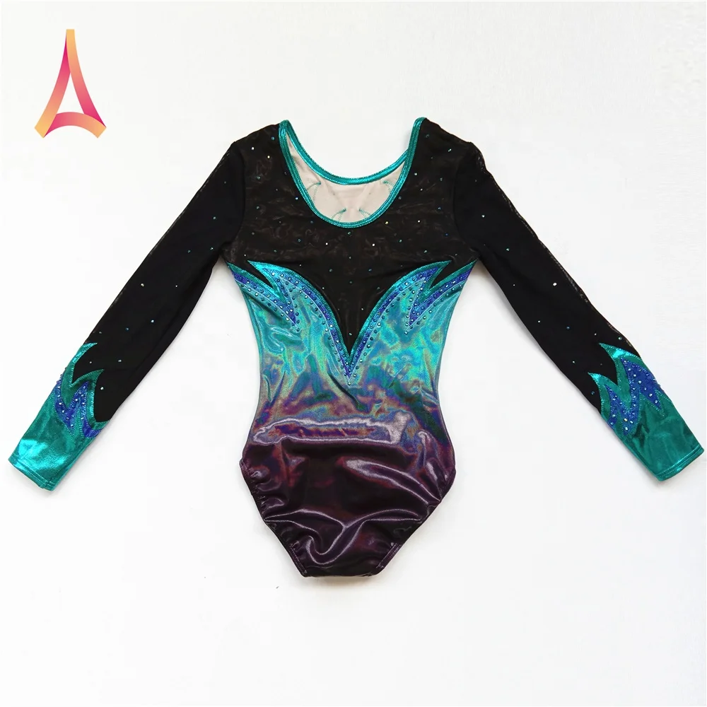 Green Black Ombre Shiny Leotard Long Sleeve Gymnastics Leotards