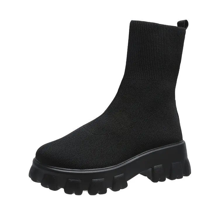 2021 autumn and winter new european and american thick-soled large size martin boots women flying knit socks boots