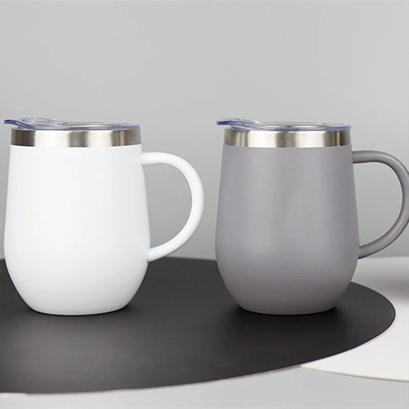 12oz powder coated coffee cup with handle  stainless steel wine tumbler egg shape double-layer vacuum insulation mug
