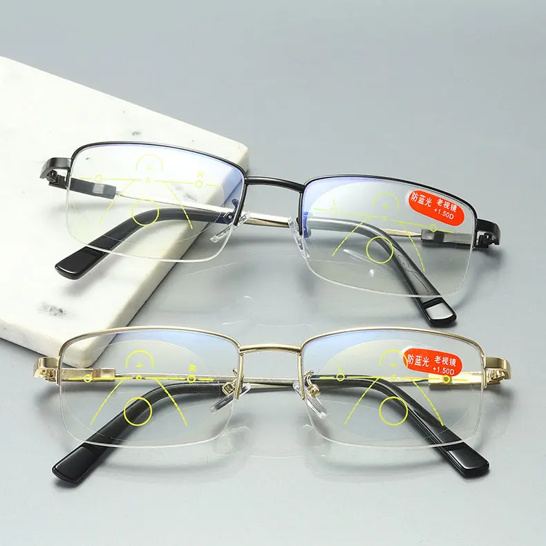 Мужские высококачественные многофокальные прогрессивные очки для чтения с полуободковой оправой из сплава эффектом памяти и защитой от синего света