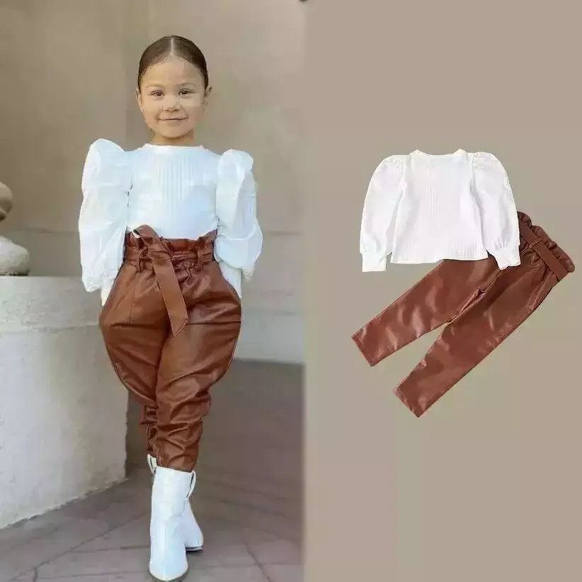 Children Fashion Spring Autumn Clothes Girls Puff Sleeve Shirt Pu Leather Pants Outfits For Girls 2pcs Girls Clothing Set