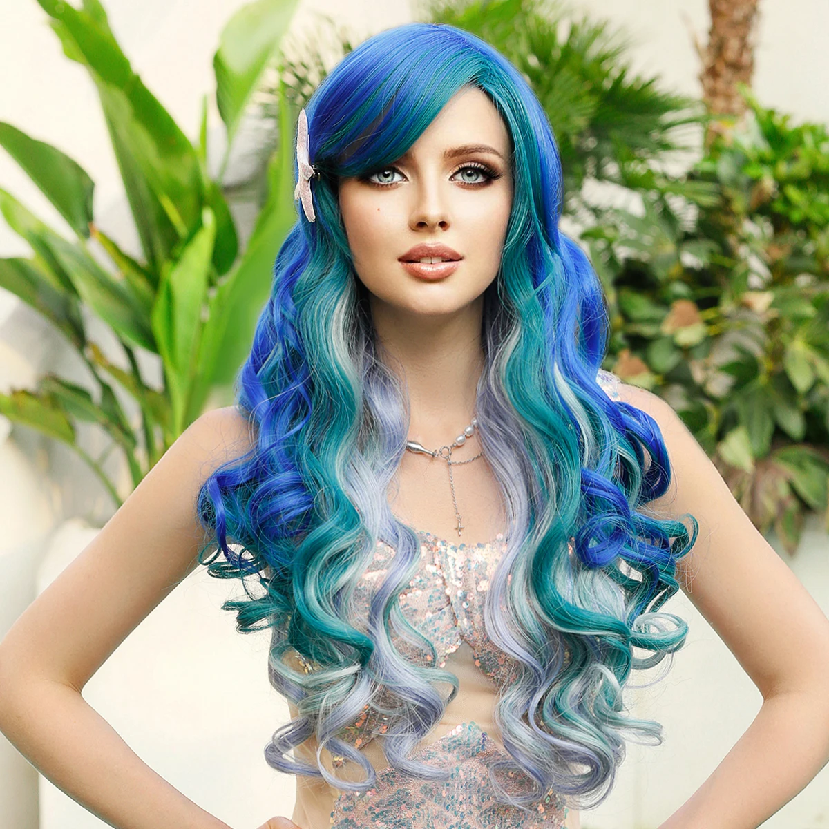 Long Wavy Costume Wigs Cosplay Little Mermaid Wig for Women Halloween Party Used Drag Queen Ariel Ombre Blue Purple Wig