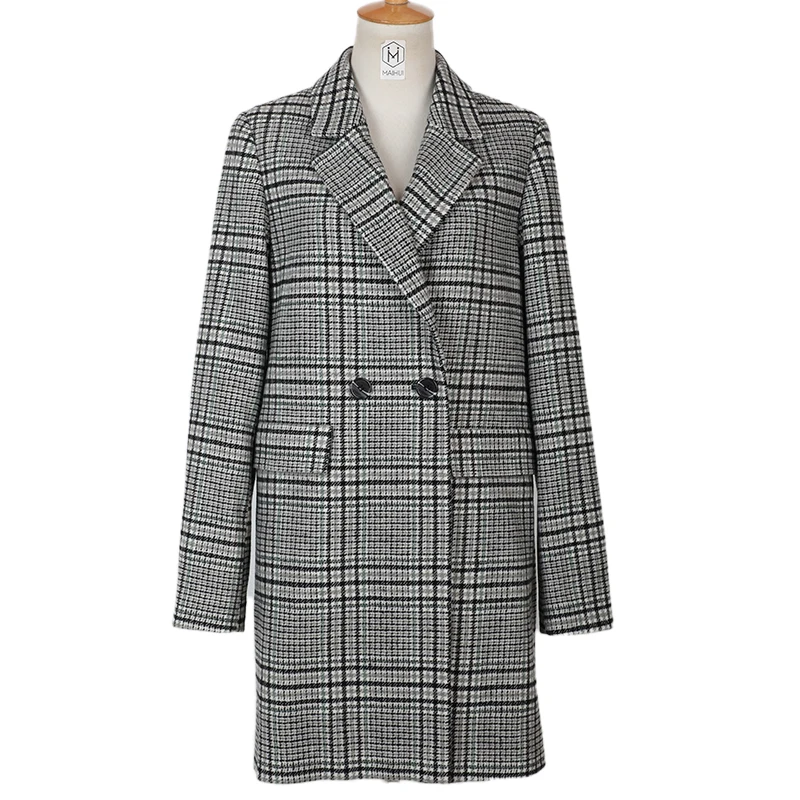 Autumn Winter Woollen Long Sleeve Double Breasted Long Coat Women Plaid Hooded Jacket Fashion Slim Overcoat