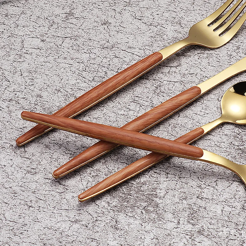 5pcs Stainless Steel Wooden Handle Cutlery Set Dinnerware Clamp Western Tableware Knife Fork Tea Spoon