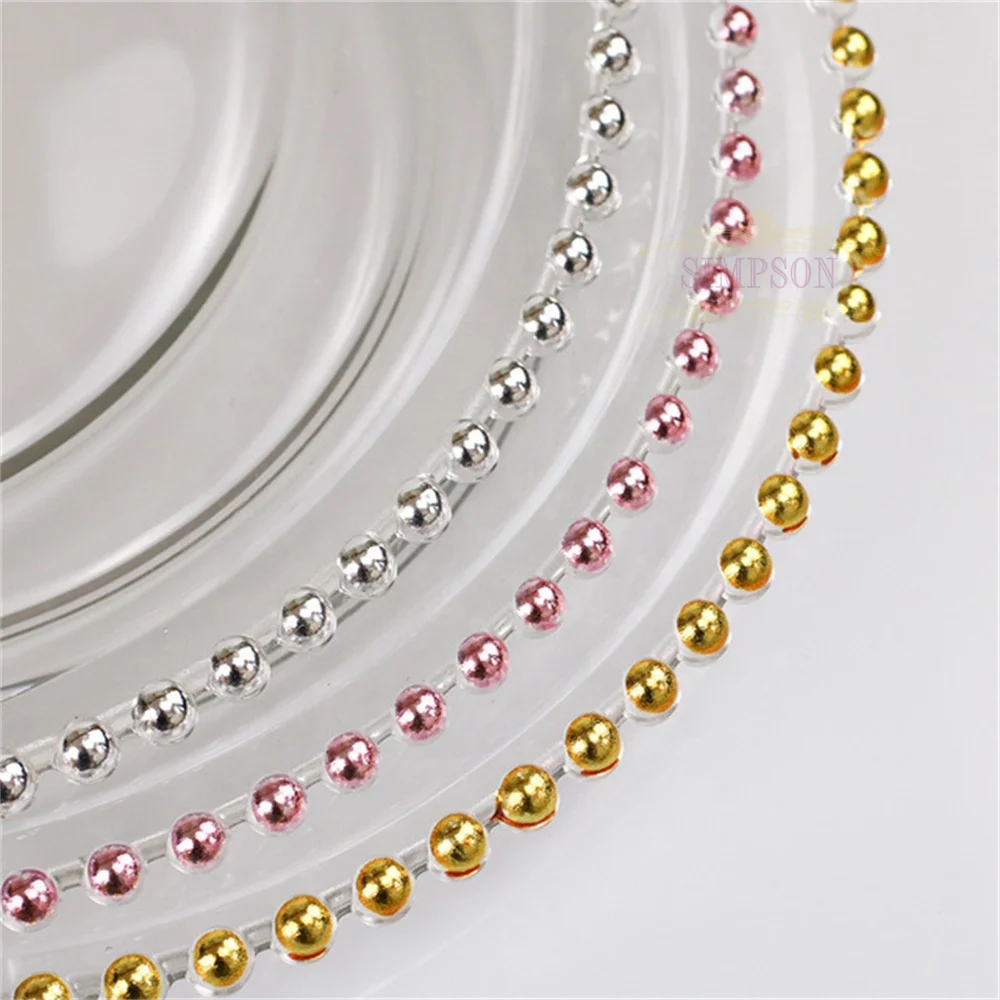 European 13 inch plastic acrylic charger plates gold beaded rim clear crystal charger plates