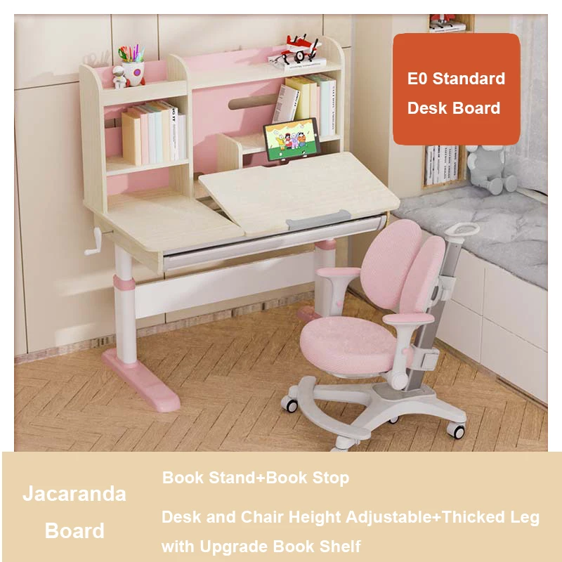 Wood Kids Desk and Chair Set Height Adjustable and Tilt Desktop, Study Desk with Bookshelf, Book Stand and Bookstop