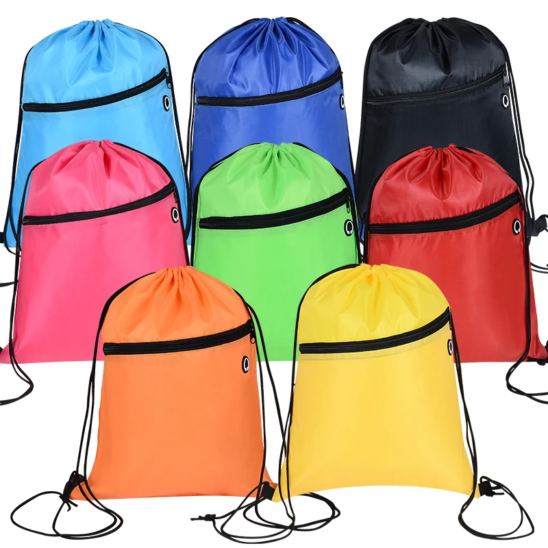 Custom Promotional Waterproof 210D Polyester Black Sports Nylon Drawstring String Back Pack Gift Bag with Zipper Pocket logo