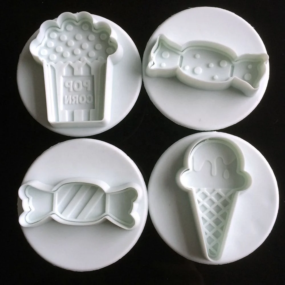 4Pcs Candy Makeup Mirror Shape Fondant Cutter Plastic Cake Cookie Biscuit Cutter Plunger Mold Fondant Cake Decorating Tools