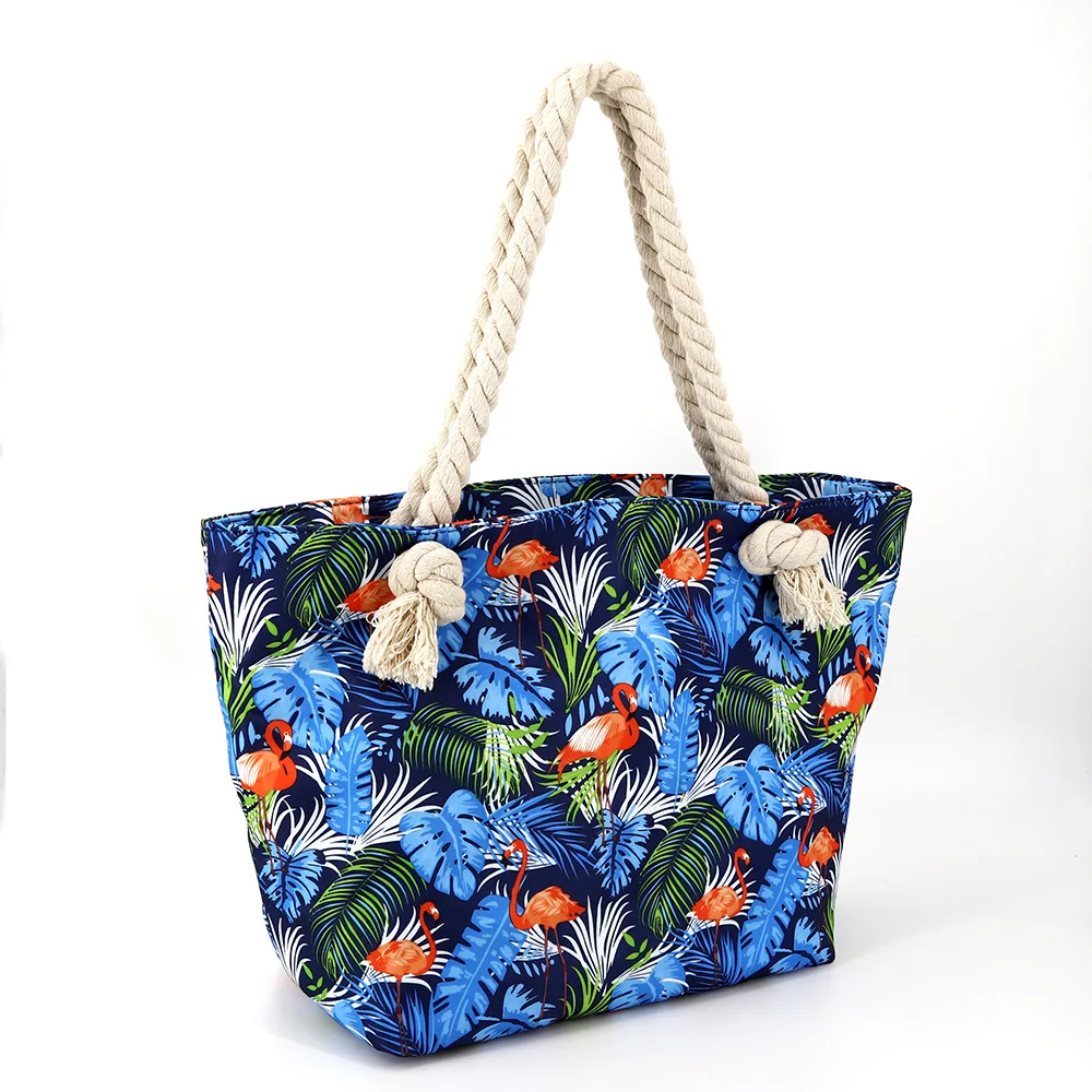 Customized Fashion Elements Flamingo Pattern Digital Printing Thick Rope Cotton Canvas Beach Bag