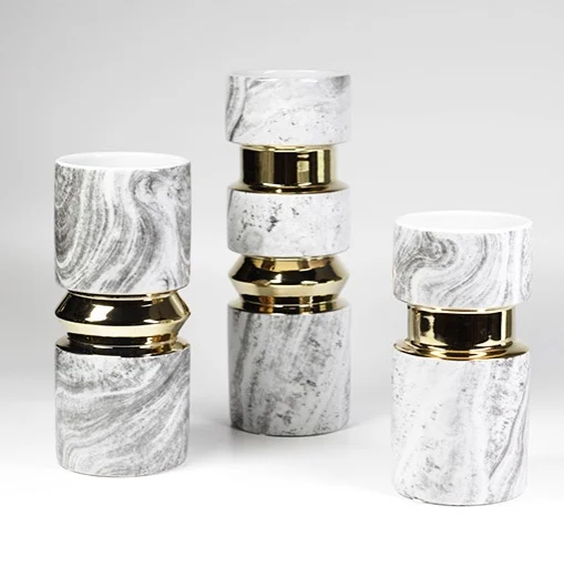 Ceramic Home Decorative Flower Marble Ceramic Vase With Golden Metal