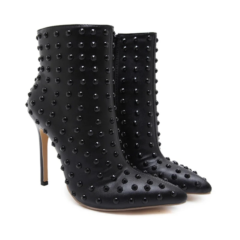 Stud Ankle Boots Black with Pointed Toe and Waterproof Women Shoes Boots Thin High Heels