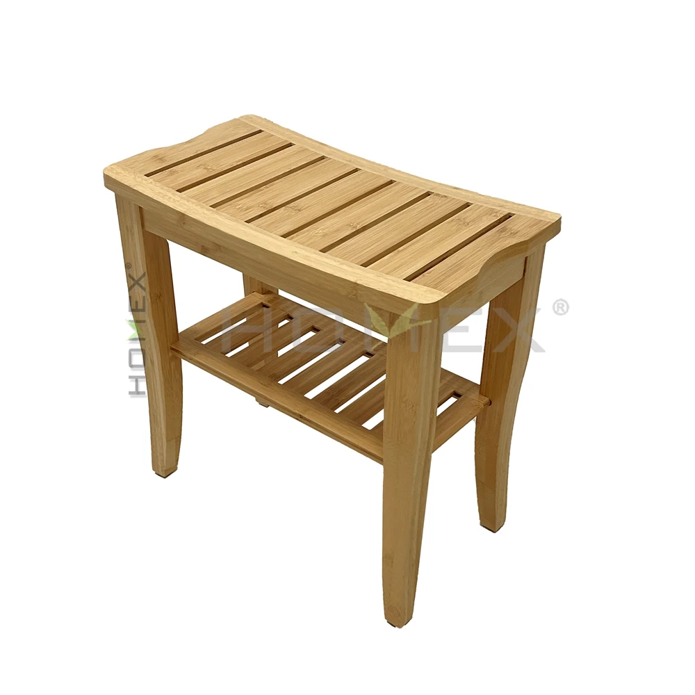 Bamboo Shower Bench, Spa Bath Seat Stool with 2-Tier Storage Shelf Wooden Shower Spa Chair Seat
