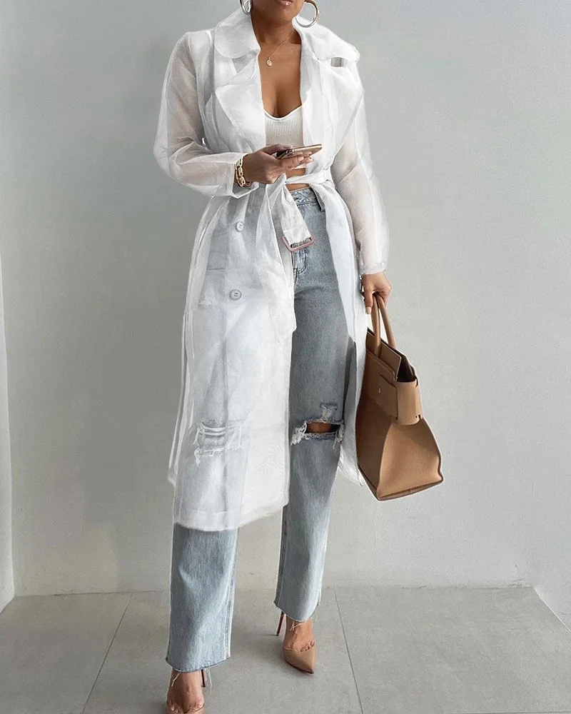 LW new product ideas 2022 modest organza fabric spring solid color loose jacket long cardigan sexy top for women blouses shirts