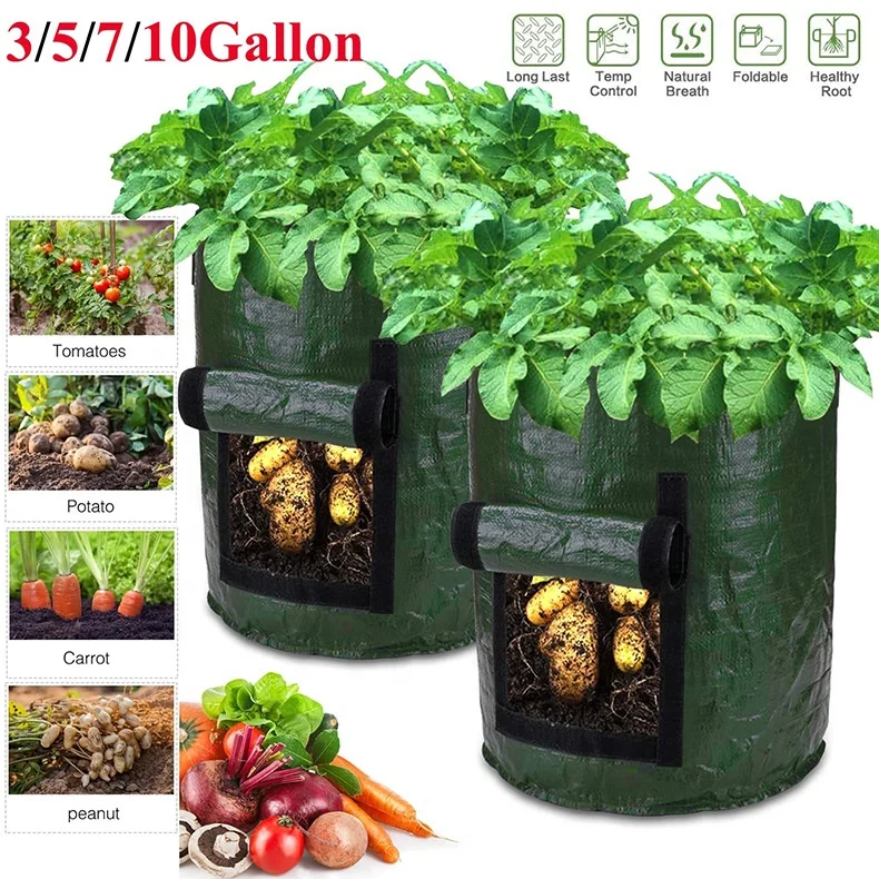 3/5/7/10 Gallons Outdoor Garden Pots Pe Potato Planting Bag with Handle Thickened Vegetable Onion Plant Reusable Grow Bags