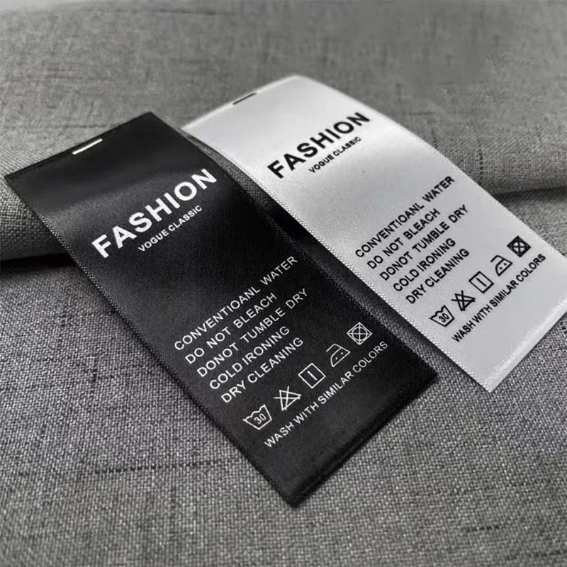 High quality wholesale custom black white wash satin garment care label printer care labels for clothing t-shirt