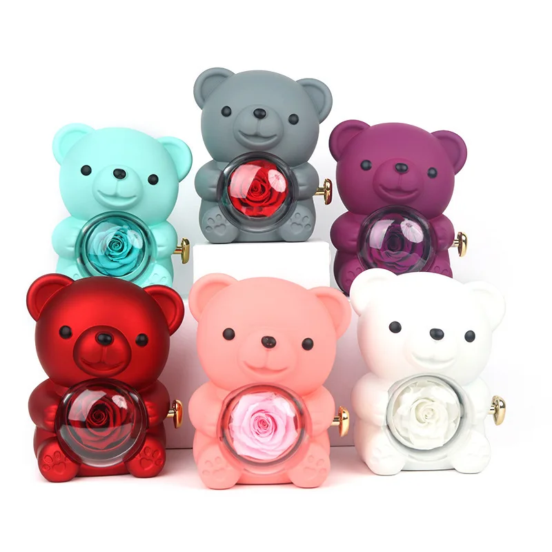 Rotating  jewelry box Hug Bear Eternal Flower Gift box Rotating rose ring necklace box