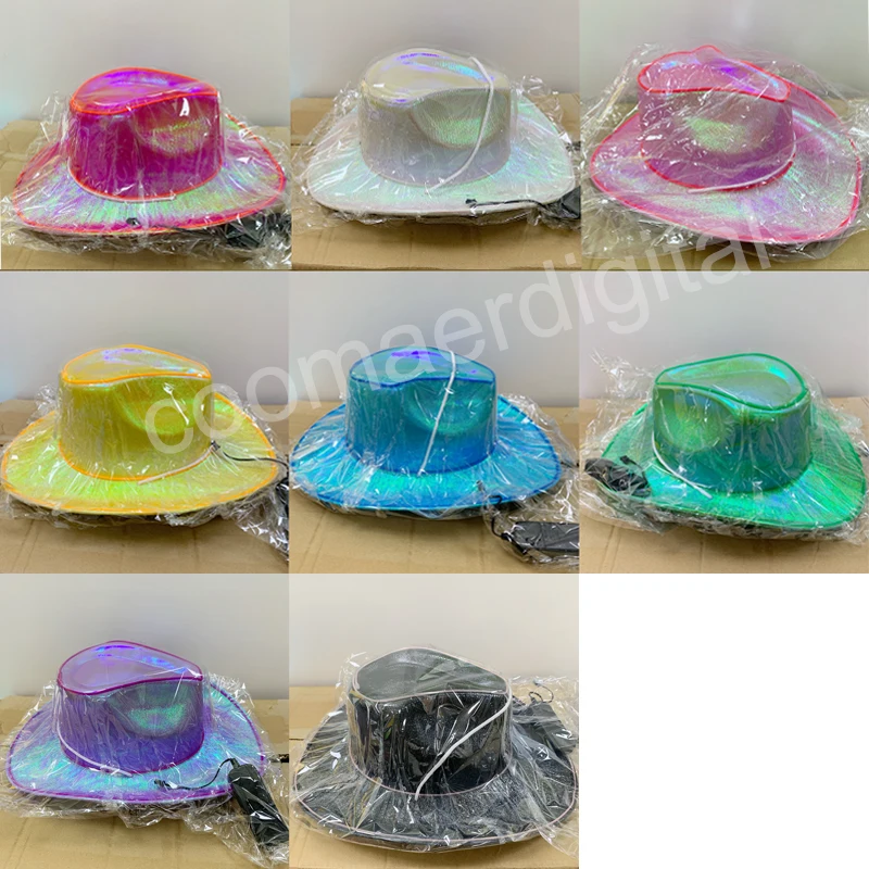 Western Styles Rainbow Light Up Holographic Led Flashing Iridescent Pink Hat Cowgirl Cowboy Hat Women