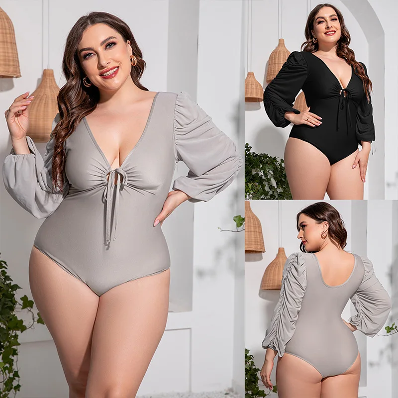 Женские слитные купальники Ladymate ODM/OEM на шнуровке с глубоким V-образным вырезом большие размеры