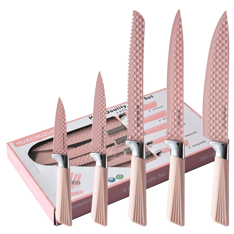 Diamond Grain 5 Pcs Kitchen Knife Set  Non-stick Stainless Steel Knives With Knife Holder Beautiful Cooking Tools