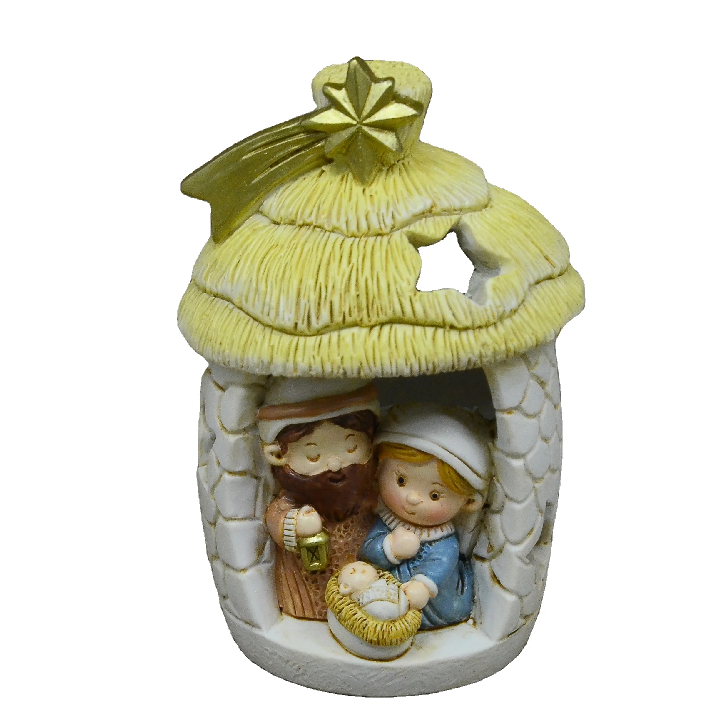Wholesale Resin Figure Decoration Holy Family With LED Lights Vintage Sheds Baby Jesus Figure