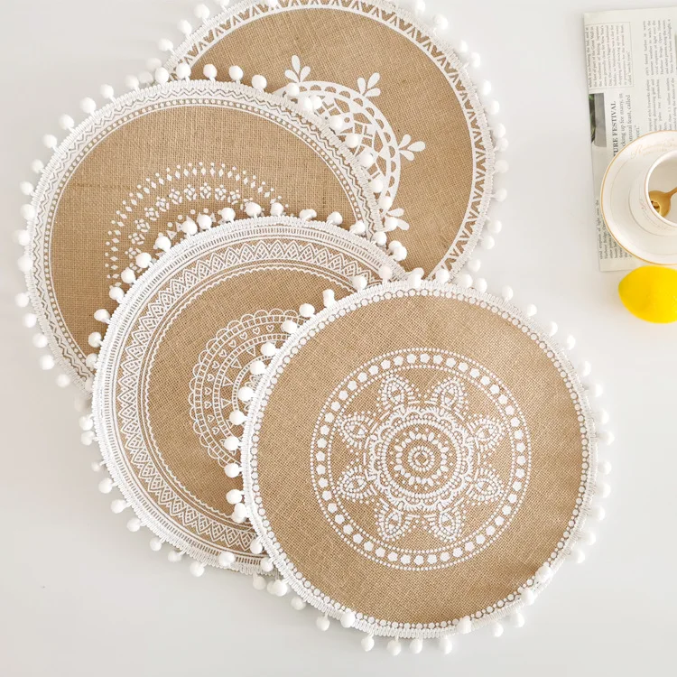 Round Jute Burlap Table Woven Placemat Vintage Handmade Woven Fringe Placemat