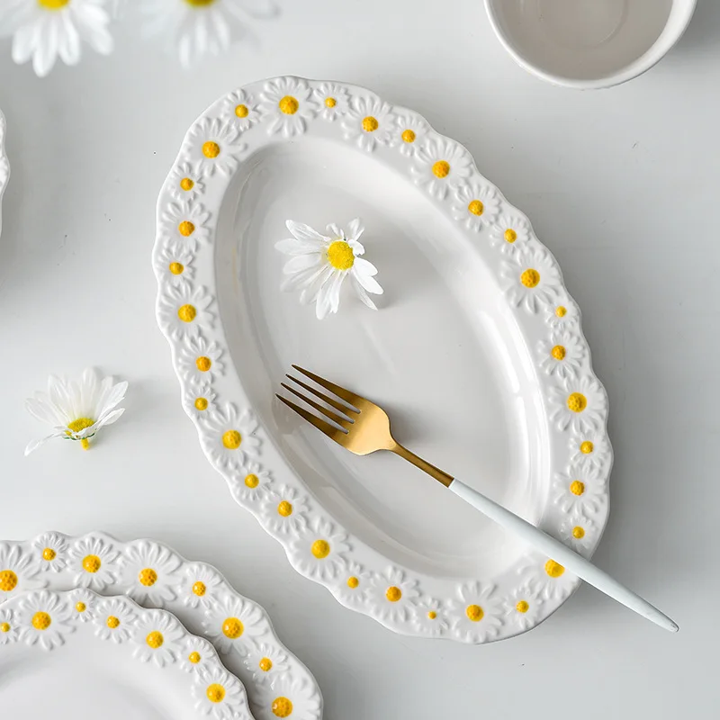 Wholesale tableware sets ins daisy pattern underglazed 12 inch pottery fish plate ceramic dishes plates