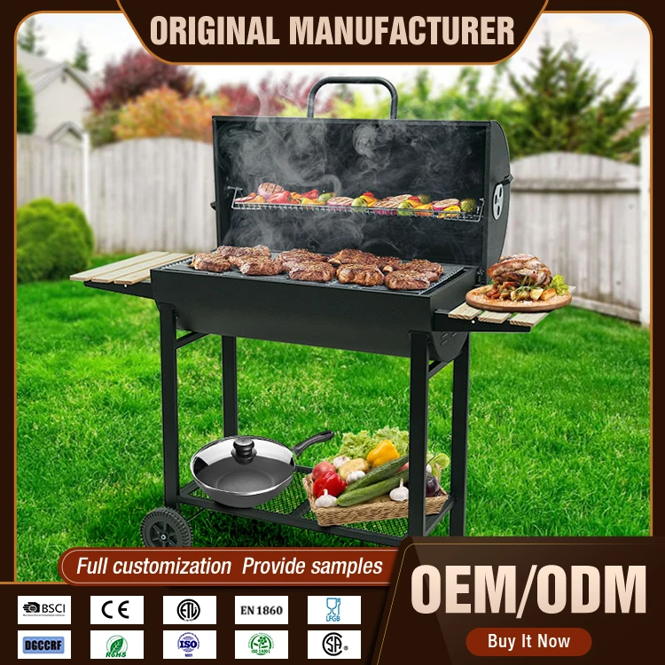 Outdoor Garden Trolley Barbecue Meat Barrel Drum Charcoal Bbq Smoker Grill With Side Table