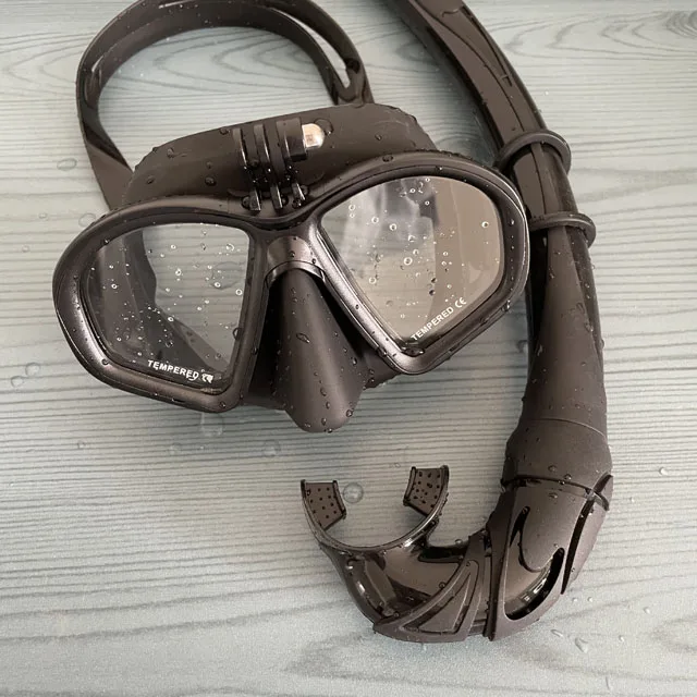 Black color low volume free diving mask spearfishing snorkel set