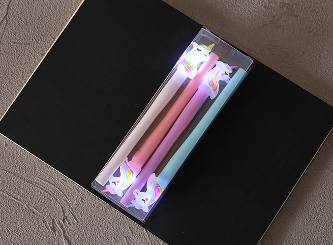 Promotional New Design Cute Stationery Unicorn Pen ,LED Light Colorful Cute gel Pen,Student Stationery Set Pen