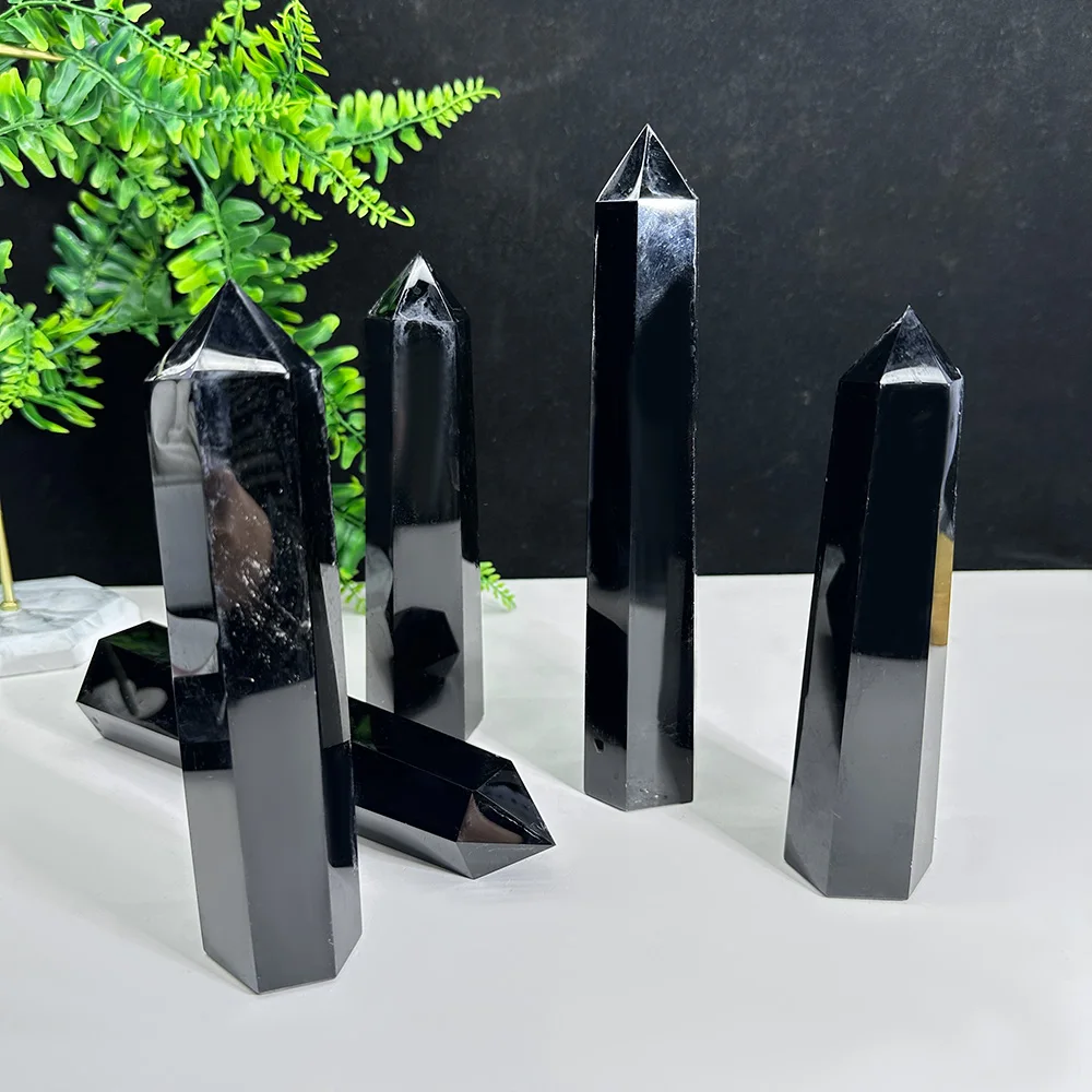 Wholesale natural crystal black obsidian point wand spiritual healing stone large obsidian towers for decoration