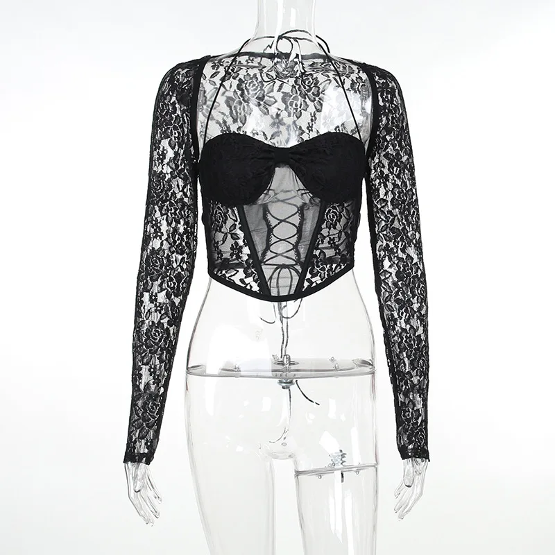 PDEP 2023 spring and  autumn Neck Lace Long Sleeve Mesh Top High Waist Sexy Micro-transparent Straight Pants 2 piece set women