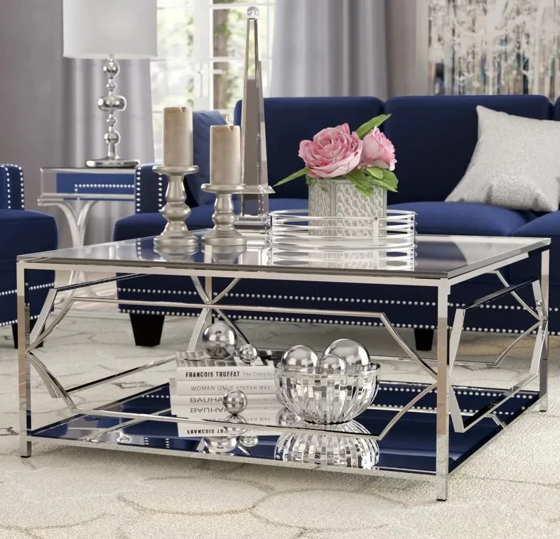 High Fashion Stainless Steel Living Room Center Table Tempered Glass Coffee Table With Storage In Gold or Silver