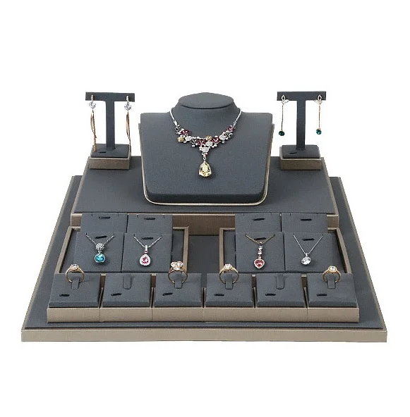 SKQ OEM Custom Holder Color PU Leather Wooden Ring Bracelet Chain Display Jewelry Display Stand Sets For Store