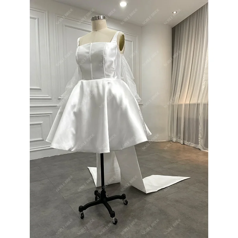Women Short Satin Party Gowns Long Sleeves Civil Boat Neckline Mini Mikado Wear Princess Bridal Corset Wedding Dresses with Bow