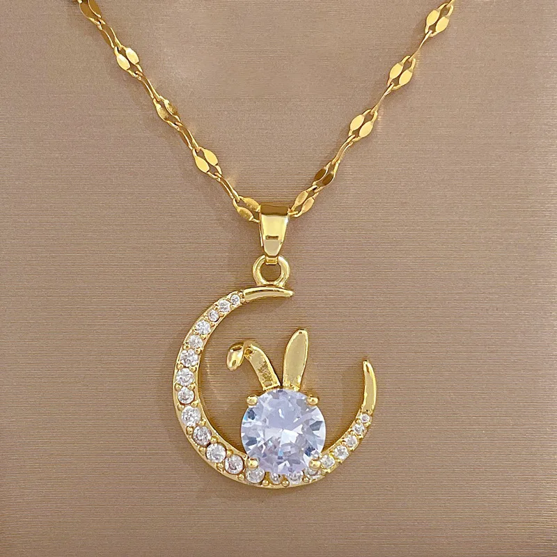 Sparkling Zircon Moon and Rabbit Pendant Necklace Gold Plated Stainless Steel Zircon Cz Pendant Necklace Gifts Women Jewelry